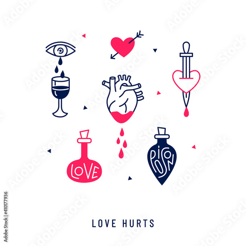 Love is like poison, love hurts concept. Vector illustration of unhappy unrequited love and passion. Trendy icons set with heart, tears and blade. 