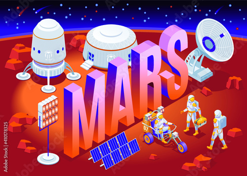 Mars colonization and isometric word Mars isometric icons on isolated background