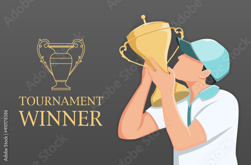 Man kissing trophy, tournament winner player illustration.