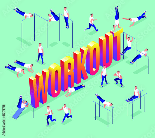 Workout boy and isometric word Workout . Fitness exercise in the gym and outdoors. People on the parallel bars and horizontal bar. Healthy and active lifestyle. Isometric icons on isolated background