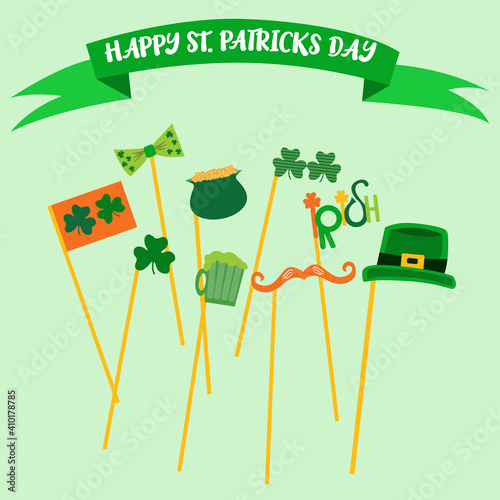 Patricks day Set photo props for photos shoot. St. Patrick's Day design elements set. Clover and mug of beer. Happy St. Patrick's days. Vector flat illustration.