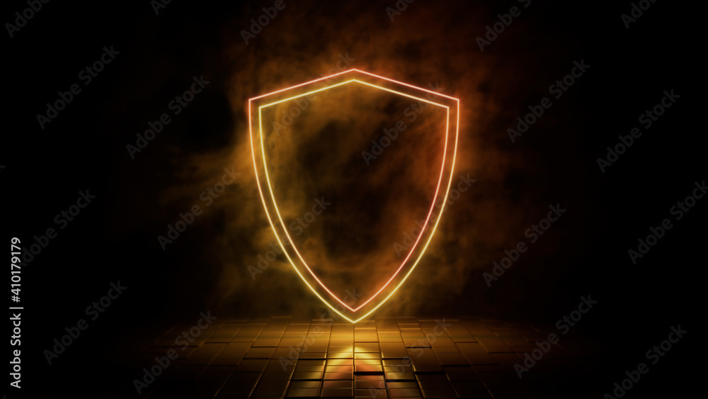Orange and yellow neon light shield icon. Vibrant colored technology