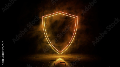 Orange and yellow neon light shield icon. Vibrant colored technology symbol, isolated on a black background. 3D Render 