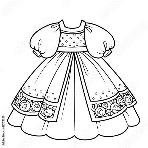 Ball gown with lush skirt with embroidered roses for princess outfit outline for coloring on a white background