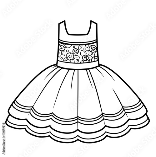 Elegant dress with a fluffy skirt and an ornament of roses on the bodicet outline for coloring on a white background