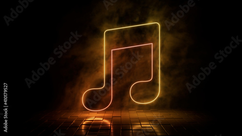Orange and yellow neon light music icon. Vibrant colored technology symbol, isolated on a black background. 3D Render 