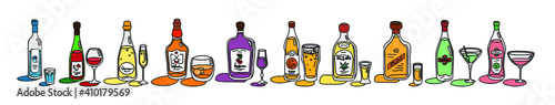 Collection bottle and glass in row. Freehand doodle style on white background. Colored cartoon sketch. Hand drawn image. Beer champagne red wine liquor vodka martini vermouth whiskey rum tequila.
