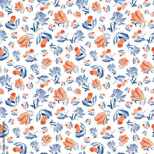 Vintage Royal Florals Classic Pattern. All Over Seamless Vector Floral Background. Linocut Botany Design With Blossom And Berry. Vintage Kitchen. Kitchen Wear, Home Decor, Gift Wrap. Vector EPS 10