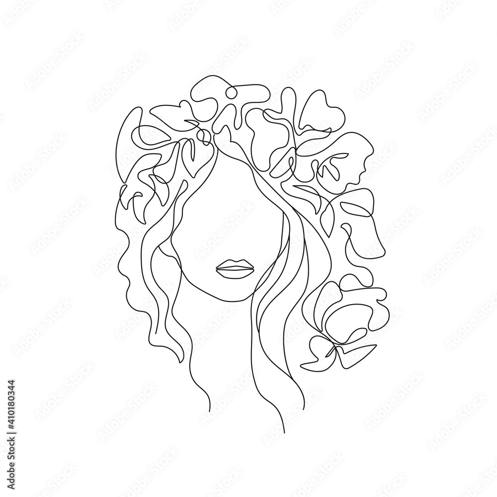 Woman Head with Flowers One Line Drawing. Continuous Line Woman and Flowers. Abstract Contemporary Design Template for Covers, t-Shirt Print, Postcard, Banner etc. Vector EPS 10. Woman Head with Flowers One Line Drawing. Continuous Line Woman and Flowers. Abstract Contemporary Design Template for Covers, t-Shirt Print, Postcard, Banner etc. Vector EPS 10.