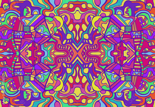Fantastic colorful cartoon psychedelic doodle style background with manny crazy ornamental bright patterns.