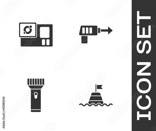 Set Floating buoy on the sea, Action camera, Flashlight and Fishing harpoon icon. Vector.