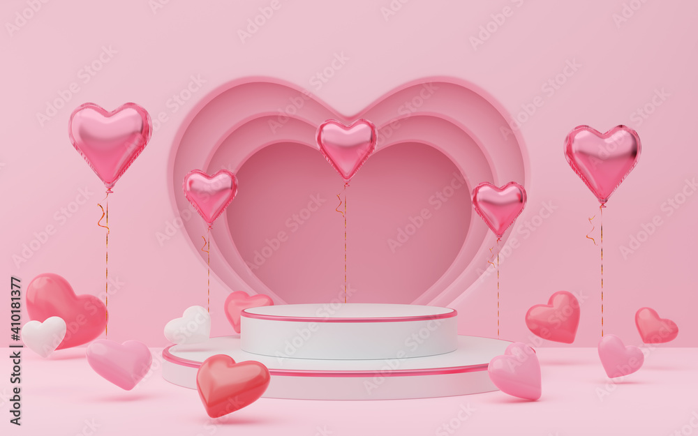 Empty white cylinder podium with pink border, hearts balloons on arch and curtain background. Valentine's Day interior with pedestal. Mockup space for display of product design. 3d render.