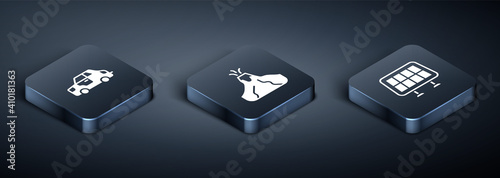 Set Isometric Car, Solar energy panel and Volcano eruption with lava icon. Vector.