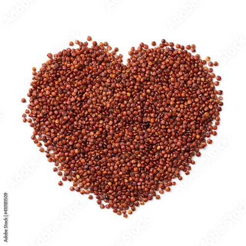 Red quinoa seed in heart shape isolated on white background