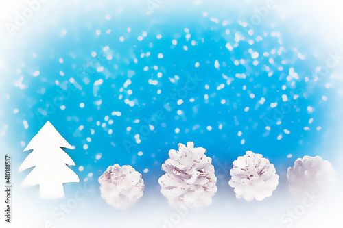 pinecones with snowflakes on blue background. illustration painting background