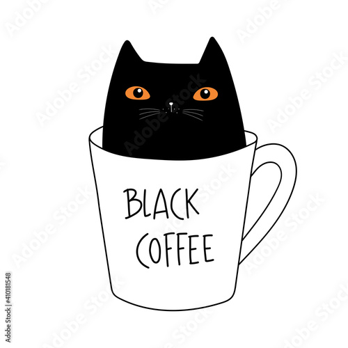 Black coffee. Black cat. Adorable kitten in coffee cup. Doodle cartoon style. Vector illustration. Good for posters, t shirts, postcards.