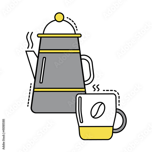 Flat design of coffeepot and cup with coffee. Vector of coffee mug with coffeepot with colors of pantone 2021. Breakfast icon. Coffee cup . Outline breakfast logo. 
