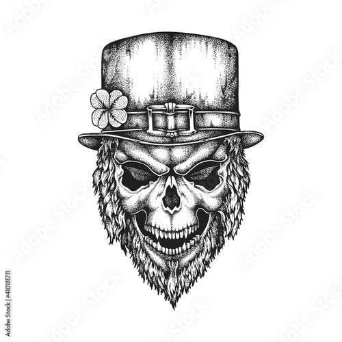 St. Patrick's Day Irish Leprechaun Skull in Top Hat with Shamrock. Hand Drawn Vector Illustration