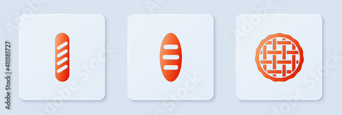 Set Bread loaf, French baguette bread and Homemade pie. White square button. Vector.