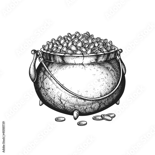 St. Patrick's Day Cast Iron Pot Full of Golden Coins. Hand Drawn Vector Illustration