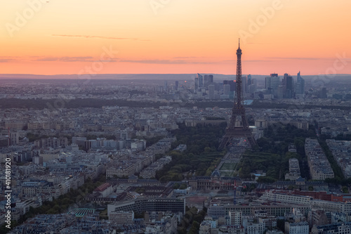 Sunset view of the Eiffel Tower and the city of Paris taken from Montparnasse Tower. © Stephen