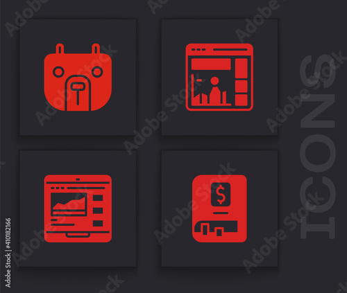Set Financial book, Bear market, Website with growth graph and Trading courses icon. Vector.