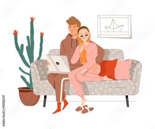 Happy Couple Resting on Sofa in Living Room Watching Movie on Laptop Vector Illustration