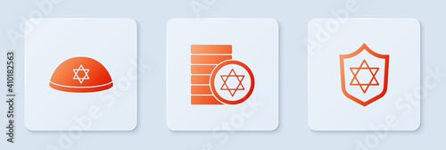 Set Jewish coin, kippah and Shield with Star of David. White square button. Vector.