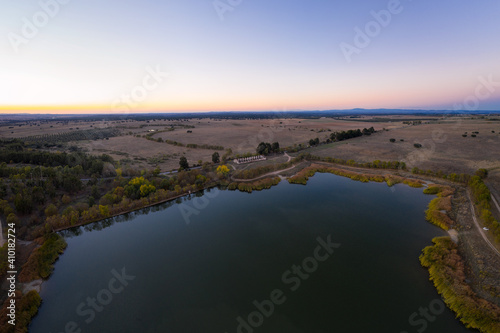 Lake drone aerial view at sunset in Alentejo  Portugal