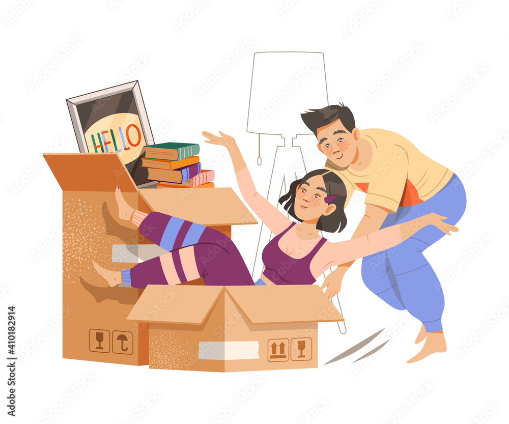 Young Male Pushing Cardboard Box with Female Sitting in It Vector Illustration Young Male Pushing Cardboard Box with Female Sitting in It Vector Illustration
