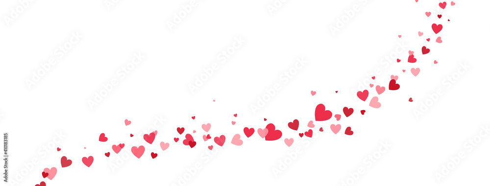 Heart confetti frame wave. Bright pink hearts falling on long border. Celebration banner. Valentines Day background for greeting cards, wedding invitation, gift packages. Vector illustration