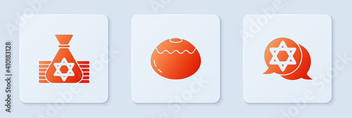 Set Jewish sweet bakery, money bag and Star of David. White square button. Vector.