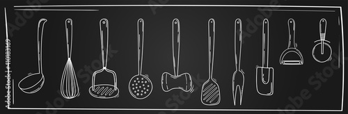Kitchen utensils collection. Whisk, pizza cutter, spoon, potato pusher, peeler, slotted turner, hammer. Hand drawn vector illustration. Kitchen utensils, Line art on a blackboard. Chalkboard style.