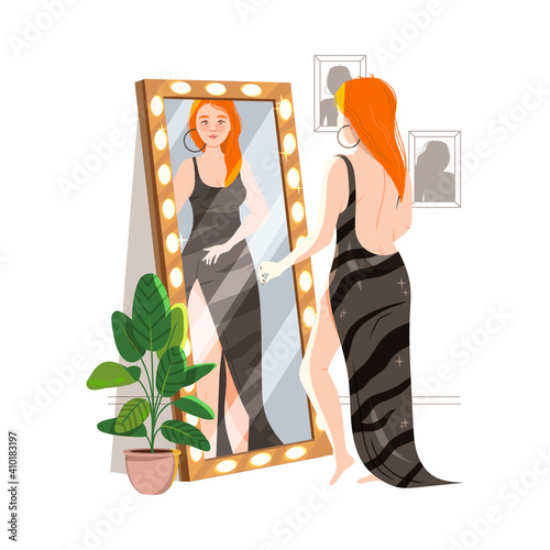 Redhead Woman Standing in Front of the Mirror at Home Dressing Up Vector Illustration