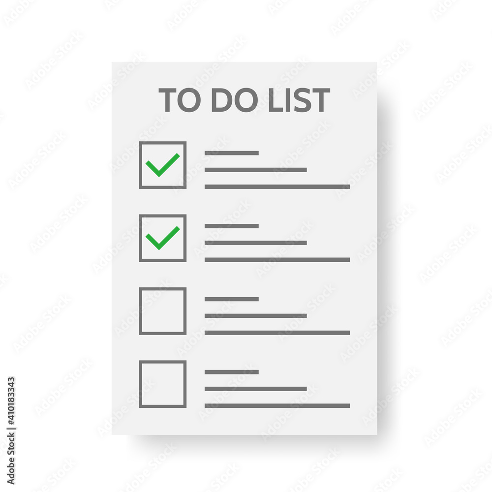 To do list icon on white background. Daily planner. Business schedule or organizer. Paper sheet with green check mark. Paper note. Month planning, time management. Task completed. Vector illustration To do list icon on white background. Daily planner. Business schedule or organizer. Paper sheet with green check mark. Paper note. Month planning, time management. Task completed. Vector illustration