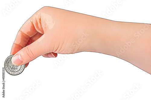 A female hand holding a dollar coin on white background, isolated.