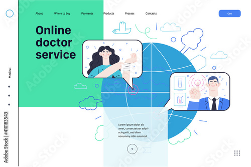Medical insurance web page template- online doctor service -modern flat vector concept illustration -woman talking online with doctor from halfway around the world, medical service, insurance metaphor