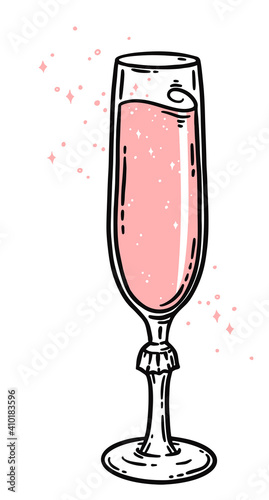Flute pink champagne glass hand drawn illustration