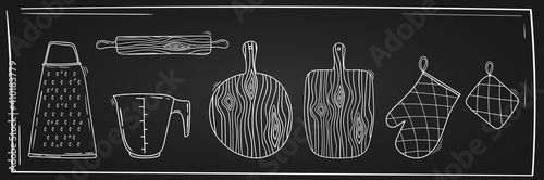 Kitchen utensils collection. Rolling pin, cutting board, grater, measuring cup,  oven glove, oven mitt, steak hammer. Hand drawn vector illustration. Kitchen tools, Line art on a blackboard.Chalkboard