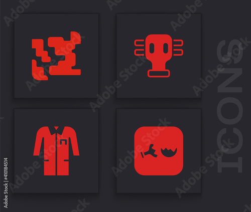 Set Broken flask, Gaseous, mask and Laboratory uniform icon. Vector.