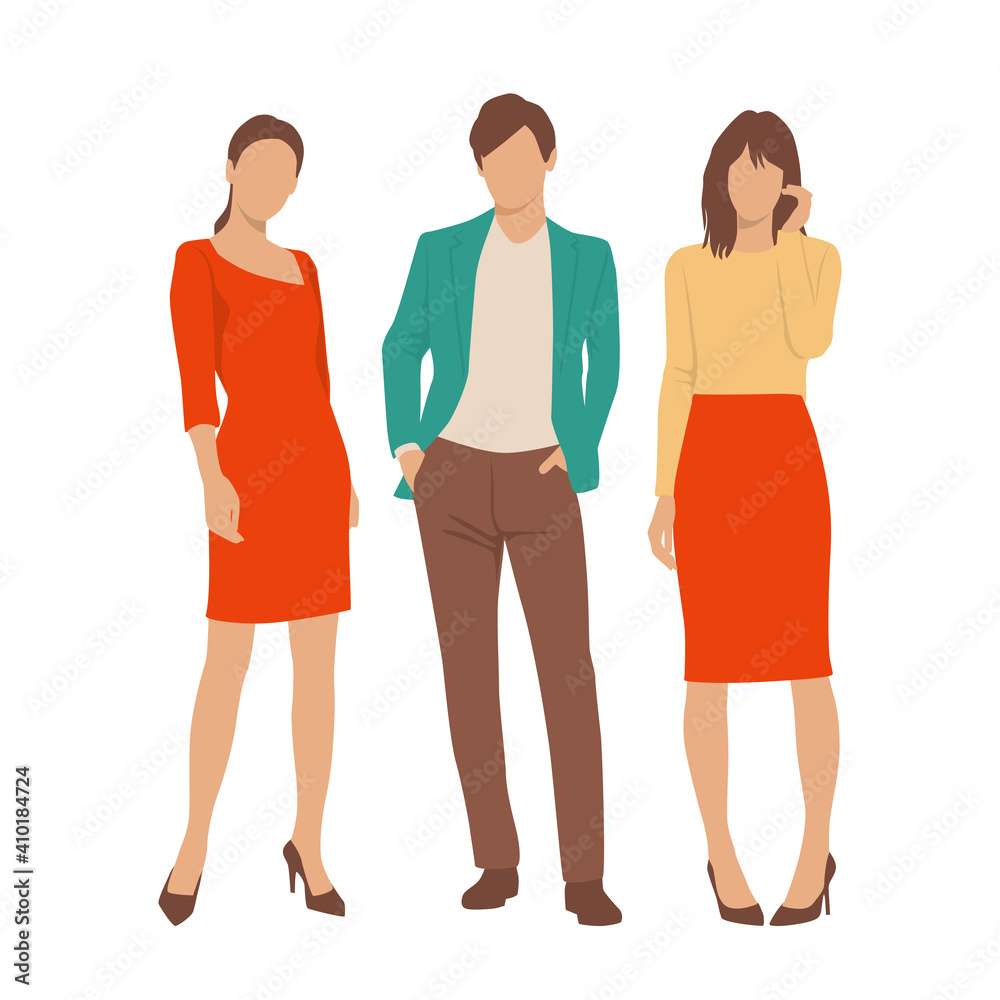 Set of young man and women, different colors, cartoon character, group of silhouettes of standing business people, students, the design concept of flat icon, isolated on white background Set of young man and women, different colors, cartoon character, group of silhouettes of standing business people, students, the design concept of flat icon, isolated on white background