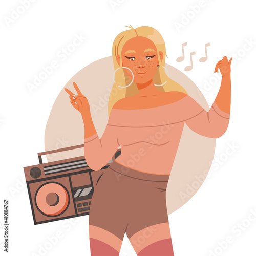 Young Woman Listening to Music and Moving with Dancing Motion Vector Illustration