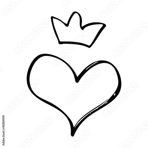 Cute little heart with a crown. Vector doodle illustrations for Valentine's Day greeting cards, wedding cards and romantic design.