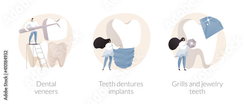 Teeth aesthetics abstract concept vector illustration set. Dental veneers, teeth dentures implant, grills jewelry, celebrity smile, whitening, cosmetic dentistry, orthodontic clinic abstract metaphor.