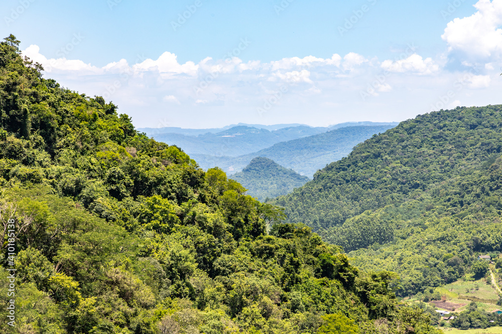 Forest over mountain, valley and farm plantation