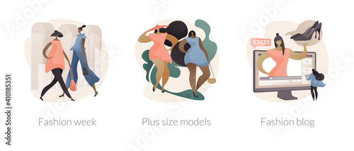 Fashion industry abstract concept vector illustration set. Fashion week, plus size models, social media blog, apparel brand, clothes designer, advertising campaign, style expert abstract metaphor.