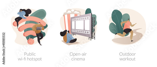 Outdoor and public facilities abstract concept vector illustration set. Public wi-fi hotspot, open air cinema, outdoor workout, city center Wi-Fi, street gym, movie theater, cycling abstract metaphor.