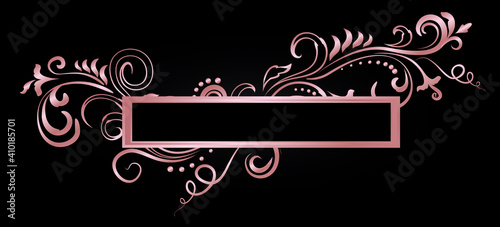 Rose golden shiny glowing ornate frame isolated over black