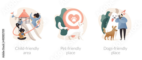 Inclusive public places abstract concept vector illustration set. Child area, pet friendly place, dog friendly restaurant, shopping center playground, welcome sign, free walking abstract metaphor.