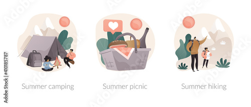 Summer adventure abstract concept vector illustration set. Summer camping, picnic and hiking, national park, scout program, survival skills, leisure time, family eating outdoors abstract metaphor.